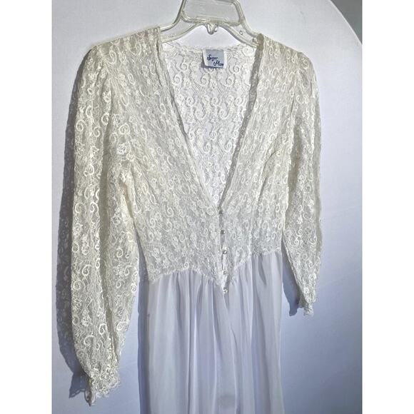 Vintage Sugar Plum White Lace Made in USA Sheer Lingerie Bridal Maxi Robe - Picture 2 of 8
